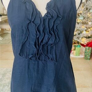 Frame Navy Blue Linen Ruffle Top NWT Size L
